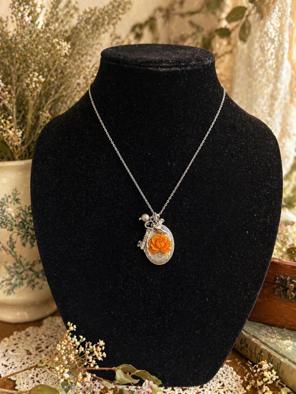 Handmade Silver Locket Necklace with Orange Flower Pendant